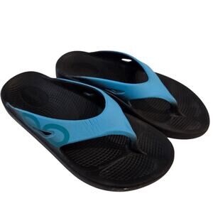 Oofos Unisex Ooriginal Sport, Post-Run Recovery Thongs Sandals Black Aqua sz 7